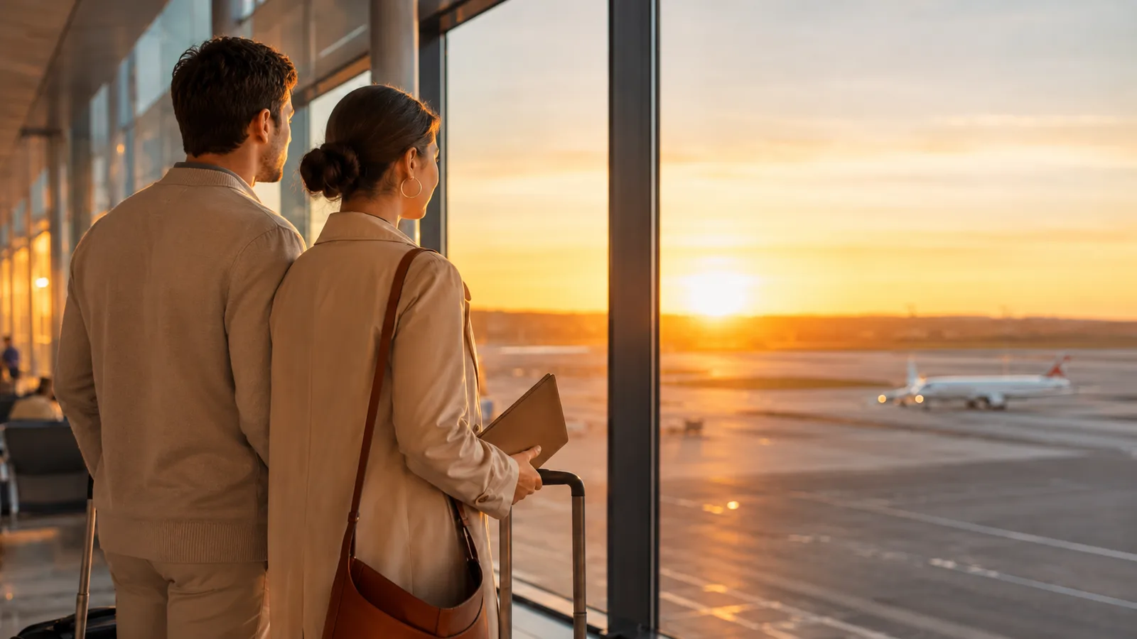 Couple at airport beginning their fertility treatment journey abroad
